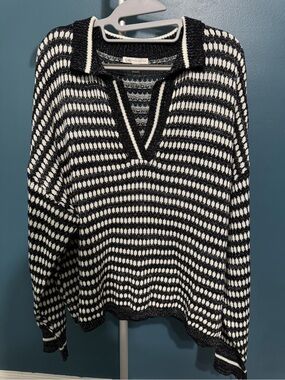 Cato Black and White Striped V-Neck Knit Sweater